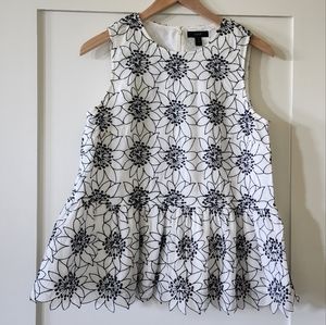 J. CREW Embroidered Floral Top G8414 White & Navy Size Small Sleeveless Lined